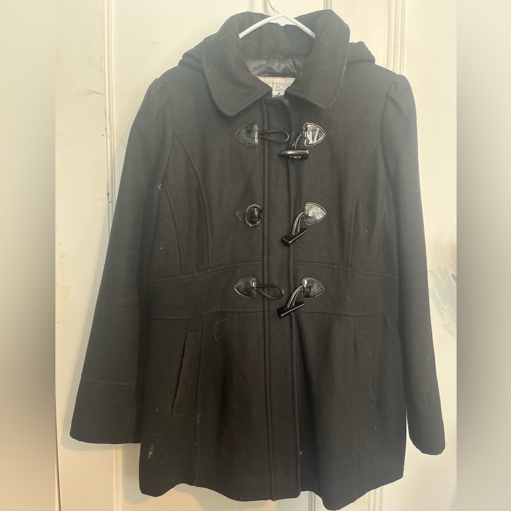 Women’s Black hooded GUESS wool Pea Coat. XL
